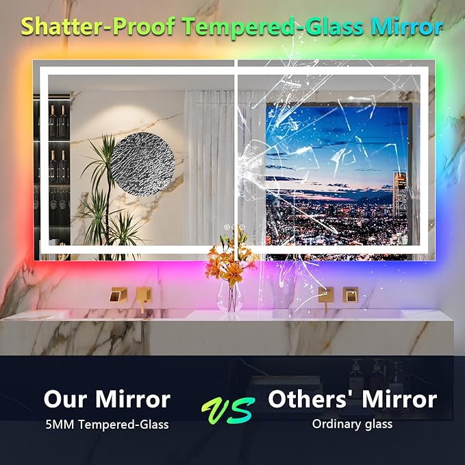 YEELAIT 72x36 Inch RGB LED Bathroom Mirror Front Light and RGB Backlit Lighted Vanity Mirror for Bathroom Wall Mounted Dimmable Anti Fog Memory Shatter-Proof IP54 Waterproof Horizontal/Vertical