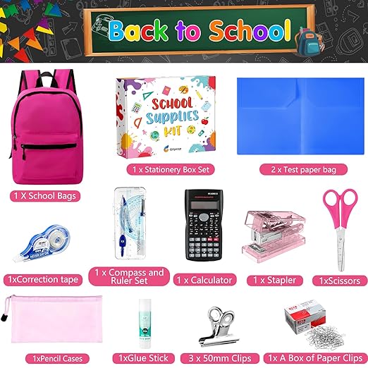 126 Pcs Christmas Middle High School Supplies Kit with Backpack for Student 7-12 Grades, School Supplies Bulk Bundle Essential Notebook Calculator for Xmas Holiday Gifts(Hot Pink)