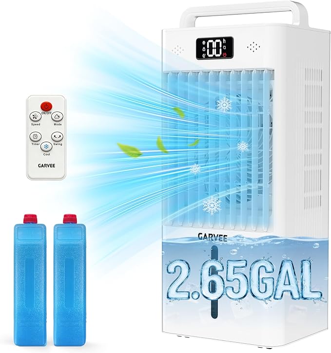 Portable Evaporative Air Cooler, 2.6Gal Touch Screen Cooler Fan with Remote Control, 6 Speeds 3 Modes LED Display, Quiet 3-in-1 Cooling, Ice Packs & Rolling Casters Included, for Bedroom Home Office