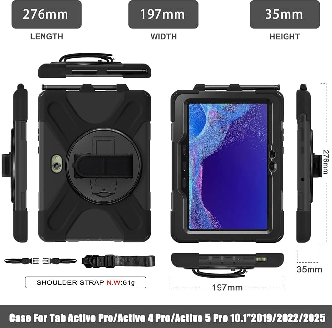 DreamerX for Samsung Galaxy Tab Active5 Pro 2025/Active 4 PRO/Active PRO 10.1 Case Heavy Duty Rugged Shockproof Drop Protection Cover with 360 Rotating Stand Handle Hand Strap Shoulder Strap Black