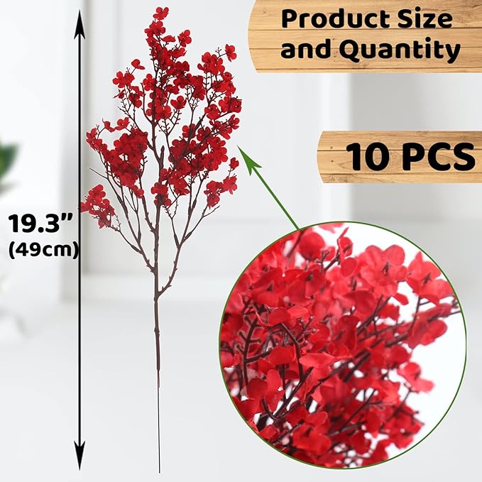 Hananona 10 Pcs Babys Breath Artificial Flowers Real Touch Fake Red Flowers Silk Plants for Christmas Home Decor Indoor Floral Arrangement Table Centerpieces Halloween Decor (Red, 10)
