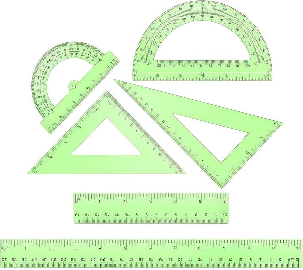 6 Pcs Plastic Ruler Math Set, Transparent Straight Protractor Triangle Measuring Tools, Geometry Ruler for School Office Home/Students(Green)