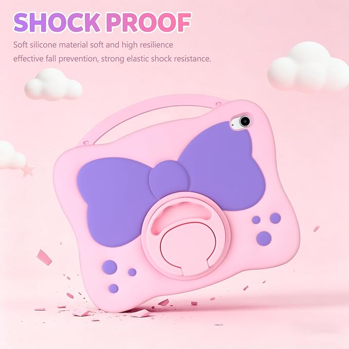 VOFUOE for iPad A16 Case Kids iPad 11th/10th Generation Case 11 Inch 2025 | Cute Bow Soft Silicone iPad 10th Cover 10.9 Inch 2022 for Girls Built-in Handle Rotatable Stand Pencil Holder-Pink Purple