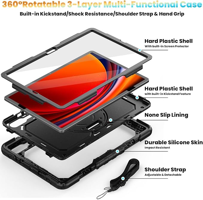Case for Tab S10+ 2024/ S9+ Plus 12.4 inch | Heavy Duty Shockproof Cover for S9 FE+ Plus 5G with Screen Protector Pen Holder Stand Shoulder Strap
