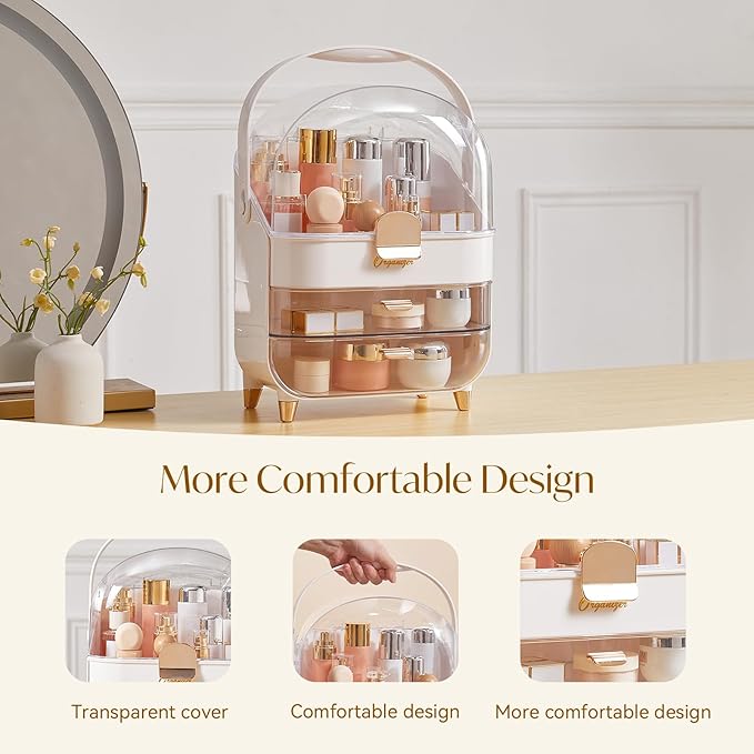 Makeup Organizers, Make Up Organizers for Vanity, Countertop Cosmetic Storage with Drawers and Transparent Cover for Bedroom Bathroom (Pearl White)