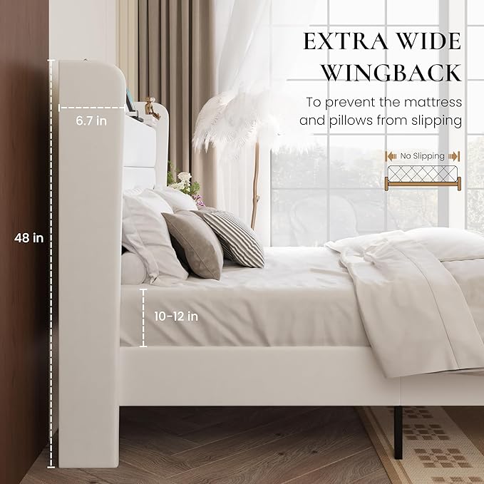 SHA CERLIN King Size Bed Frame with Charging Station, Velvet Upholstered Platform Bed, Wingback Storage Headboard, Type-C & USB Ports, Strong Wooden Slats, No Box Spring Needed, Easy Assembly, White