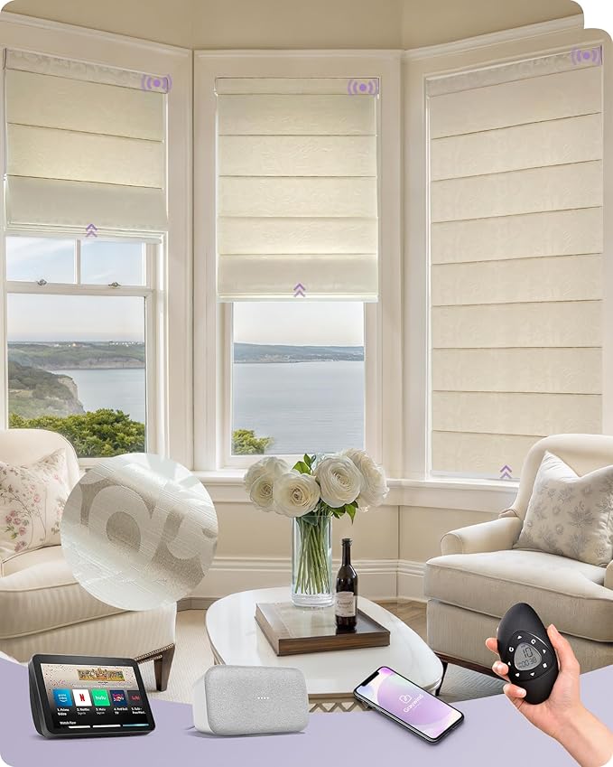 Graywind Smart Roman Shades Compatible with Alexa Google Rechargeable Motorized Blinds with Remote Light Filtering Roman Window Shades Plain Fold Soft for Doors Bedroom, Custom Size (Floral Beige)