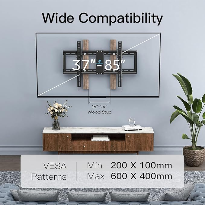 PERLESMITH UL Listed TV Mount for Most 37-85 inch TV, Universal Tilt TV Wall Mount Fits 16”- 24” Wood Stud with Loading 132 lbs & Max VESA 600x400mm, Low Profile Flat Wall Mount Bracket PSLTK1