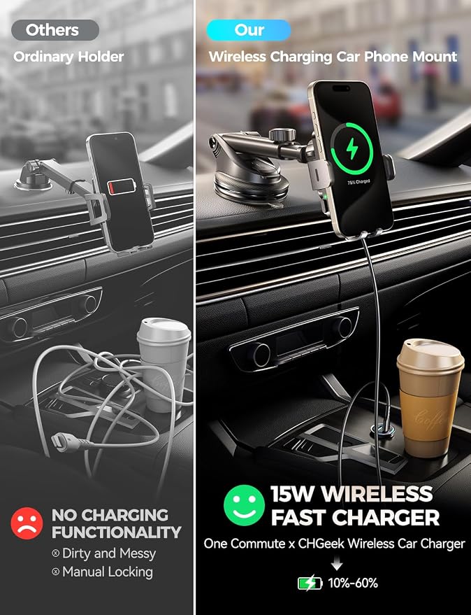 Wireless Car Charger with Phone Holder Mount 15W Fast Charging Auto Clamping Phone Holders for You Car Windshield Dashboard Air Vent Accessories for iPhone Samsung Galaxy Google etc