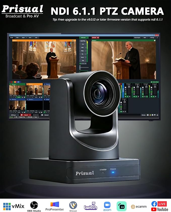 Prisual NDI 6.1.1 PTZ Camera, Ai Auto-Tracking, 20x Optical Zoom LAN USB3.0 PoE HDMI PTZ Camera for Church Services Worship Education Live Events(Official NDI Certified) PT20X-UL-N
