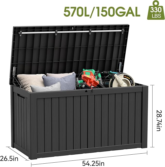 150 Gallon Resin Deck Boxes Waterproof, Outdoor Storage Box Lockable Lid for Delivery Box, Indoor, Garden Tools, Pool Supplies, Patio, Black