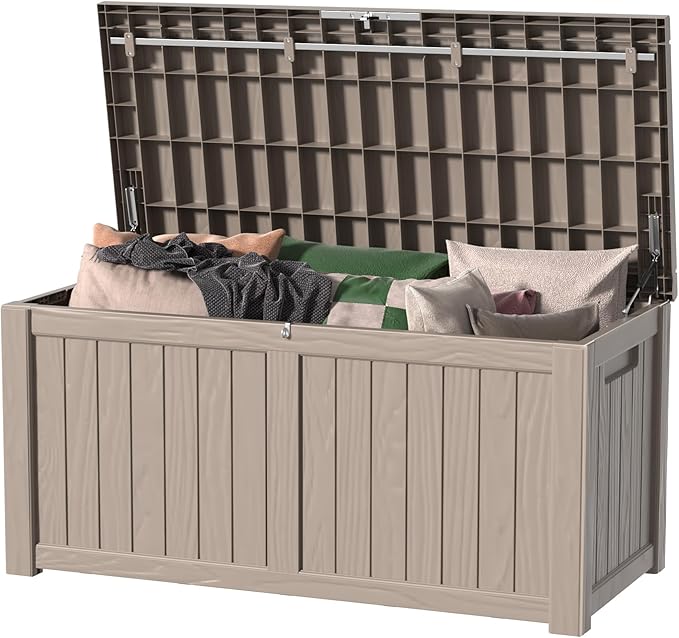 120 Gallon Outdoor Deck Box,Storage Lockable Waterproof Patio Furniture,Garden Tools,Cushions,Pool Accessories Outside Storage Resin Box(Grey)