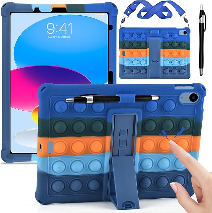 DETUOSI Silicone Case Compatible with iPad (A16) 11th Generation 11 Inch 2025 for iPad 10th Gen 10.9 Soft Case with Shoulder Strap &amp Stylus Pen Multi-Viewing Angles Black