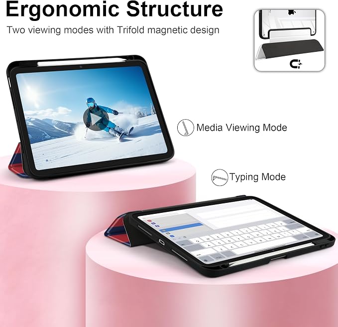 Case for iPad Pro 11 inch M5 2025 /M4 2024 Blue Ribbon Stripe | Blue Ribbon Stripe Folio Case with Clear Back Pencil Holder Trifold Stand and Auto Sleep/Wake for Preppy Aesthetic Users