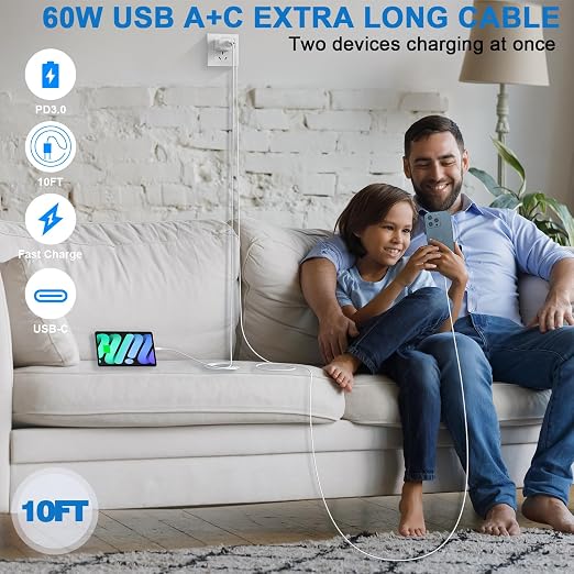 10FT iPhone 17/16e Fast Charger2Pack 20W Dual Port USB A+C QC Apple Adapter with 10 Foot USB C to C Fast Charging Cable Cord for iPhone 17Air/17Pro/17Pro Max/16/16Pro/15/15Pro/Pro Max/Plus(Blue/Pink)