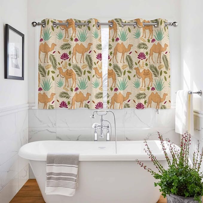 2 Panel Kitchen Cafe Curtains, Desert Camels Sunlight Filtering Nature Air