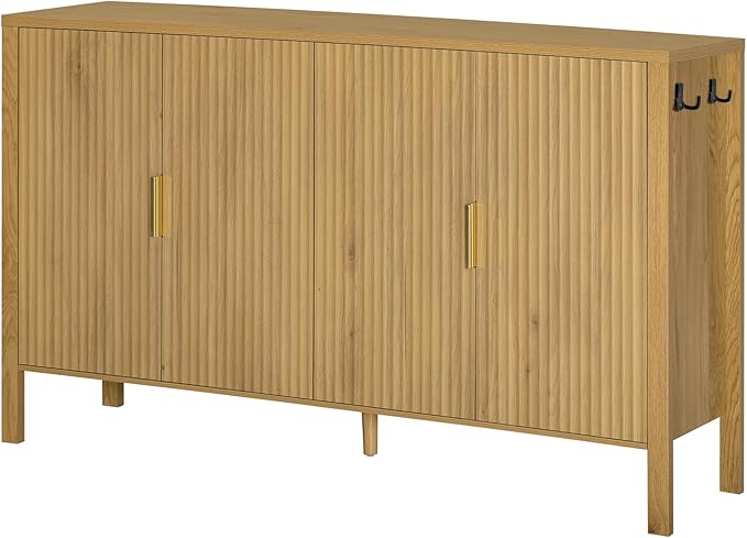 57.5'' Modern Console Table Sofa Table with Storage Racks & Side Hooks, Accent Stripe 4-Door Buffet Sideboard Serving Storage Cabinet with Adjustable Shelves for Living Room Kitchen (Natural-NEW)