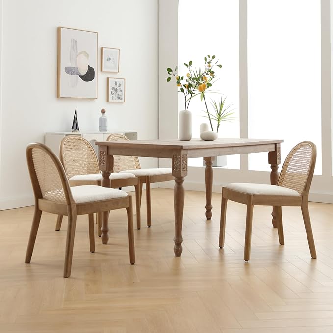 HEAH-YO Rattan Dining Chairs Set of 4, Upholstered Sherpa Dining Room Chairs with Backrests, Modern Kitchen Chairs with Wood Legs for Dining Room, White