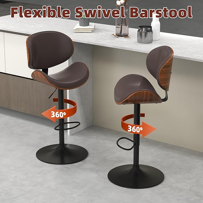civama Bar Stools Set of 3 for Kitchen Counter, Adjustable Bar Height Chairs, Modern Swivel Barstools with Bentwood Seat and Back with Footrest for Kitchen Island, Dining Room, Brown PU Leather