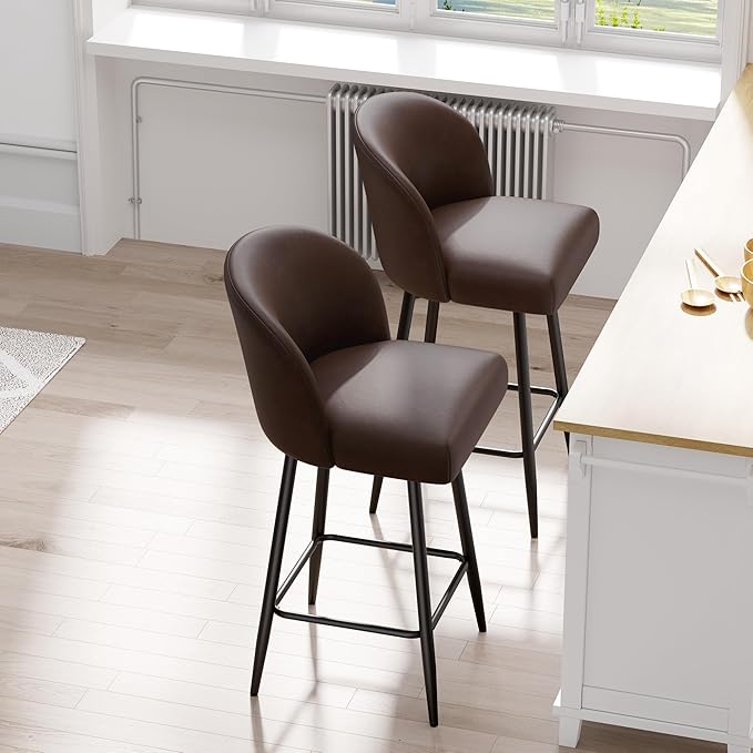 Counter Height Bar Stools Set of 2,360° Swivel Barstools with High Back and Metal Legs,26" Seat Height, Upholstered PU Leather Bar Chairs for Kitchen Island, Dining Room,Cafes,Black Brown