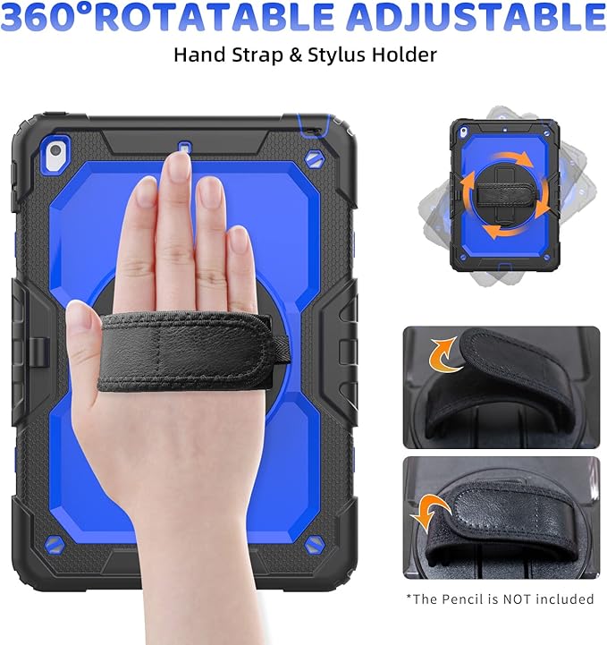BLOSOMEET Case for iPad 8th 9th Generation 2020 2021 10.2 Inch with Tempered Glass Screen Protector & Pencil Holder,Rugged iPad 7th Gen 10.2 Case Cover 2019 w/Stand Hand Shoulder Strap,Blue