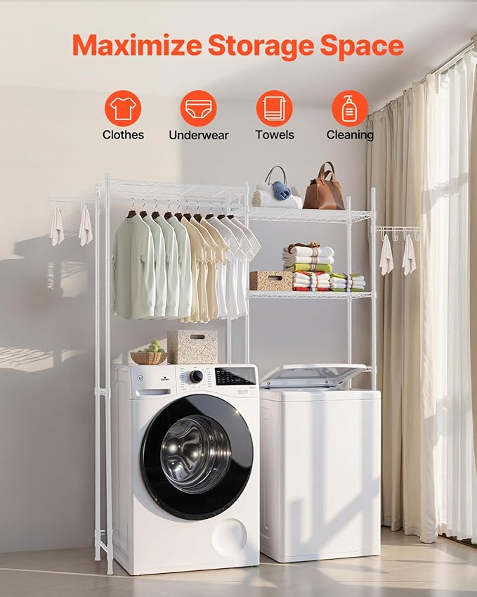 VEVOR Over The Washer and Dryer Storage Shelf, 5 Tier Laundry Room Drying Rack with Hanger Rod and Hooks, Adjustable Over Washer and Dryer Shelves, Laundry Room Shelf Storage Space Saver, White