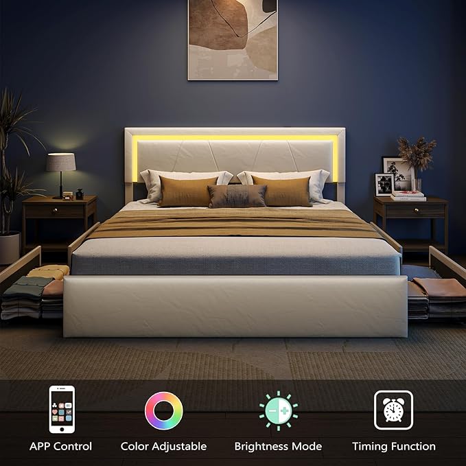 King Size Bed Frame with Adjustable Headboard, Upholstered Platform Bed with 4 Storage Drawers, Wooden Slats Support, Built in Charging Station & LED, Noise-Free, No Box Spring Needed, Beige