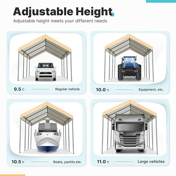 ADVANCE OUTDOOR 10x20 ft Heavy Duty Carport Potable Car Canopy Garage Party Tent Boat Shelter, Adjustable Height from 9.5 ft to 11 ft, Beige