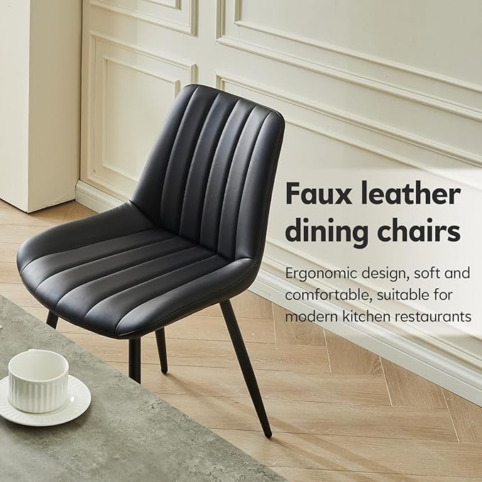 Dining Chairs Set of 6, Faux Leather Modern Linear Design Dining Chair with Metal Legs, 16.9" Seat Width Chair for Kitchen, Lounge, Reception Room, Restaurant, Commercial (Black)