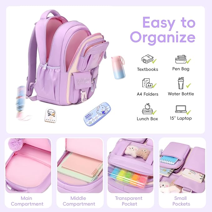 Girls Backpack with Lunch Box 3Pcs, Kawaii School Bag Set for Kid Elementary Middle School, Multi-Pocket Cute Laptop Bookbag Lightweight, Purple
