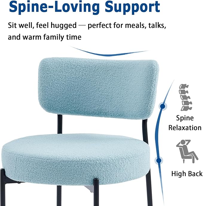 Blue Boucle Dining Chairs Set of 6, Upholstered Dinner Chair with Metal Frame, Dining Room Chairs with Padded Seat, Round Modern Seating for Living Room