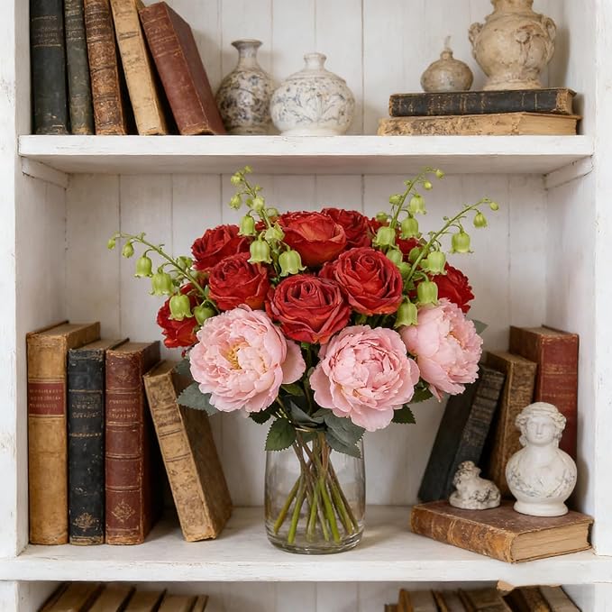 Kimura's Cabin 12pcs Lifelike Faux Silk Roses Flowers Vintage Artificial Rose with Stem Bouquet Fake Roses Dried Flower for Valentines Home Table Centerpiece Wedding Party DIY Decoration(Orange red)