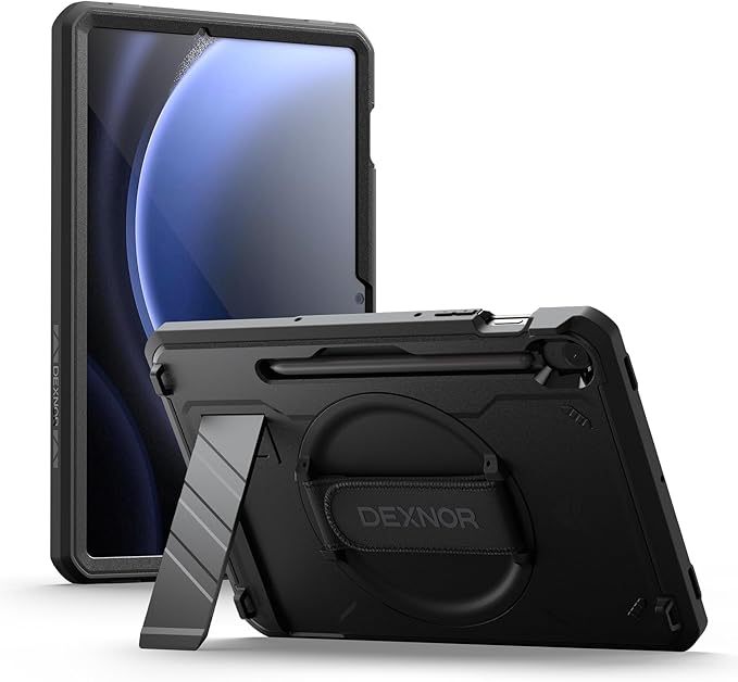 Dexnor Case for Samsung Galaxy Tab S10 Lite/S10 FE / S9 FE 10.9 Inch / S9 11 Inch 2023 with Screen Protector Pen Holder [360 Rotating Hand Strap &amp Kickstand] Full Body Cover for Tablet S9 FE Bla
