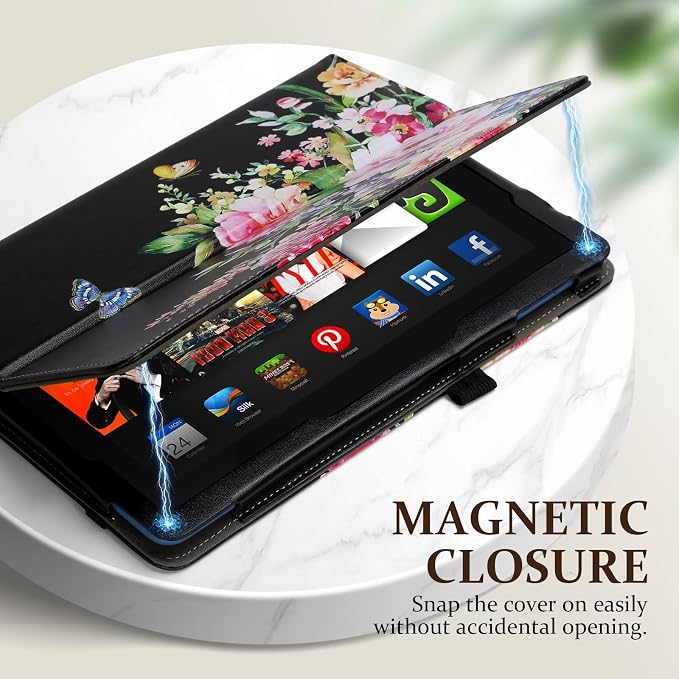 Fancity Case for Kindle Fire HD 10/10 Plus 13th/11th Generation 2023/2021 | Premium PU Leather Protective Case with Adjustable Angles Auto Wake/Sleep Hand Strap for Fire HD 10/10 Plus Black Floral