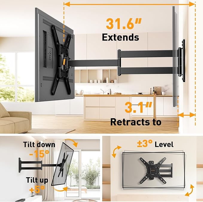 Perlegear Long Arm TV Wall Mount for 26-65 inch TVs up to 100 lbs, Corner TV Mount Bracket with 31.65” Extension, Swivel, Tilt Articulating Arms, Max VESA 400x400mm, Full Motion Wall Mount PGMF25B