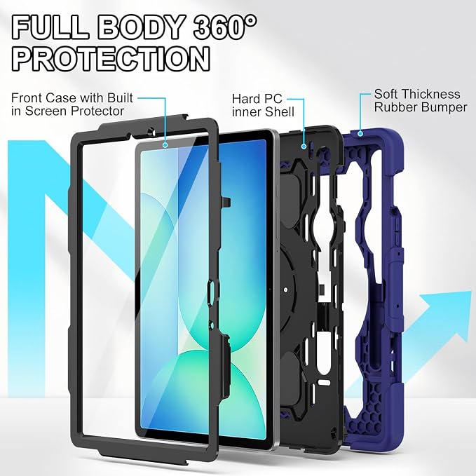 Galaxy Tab S10 Lite/S10 FE/S9 FE 5G/S9 Case 10.9/11 inch | with Screen Protector 360° Rotating Kickstand Hand/Shoulder Strap Heavy Duty Shockproof Cover S Pen Holder Kids Friendly