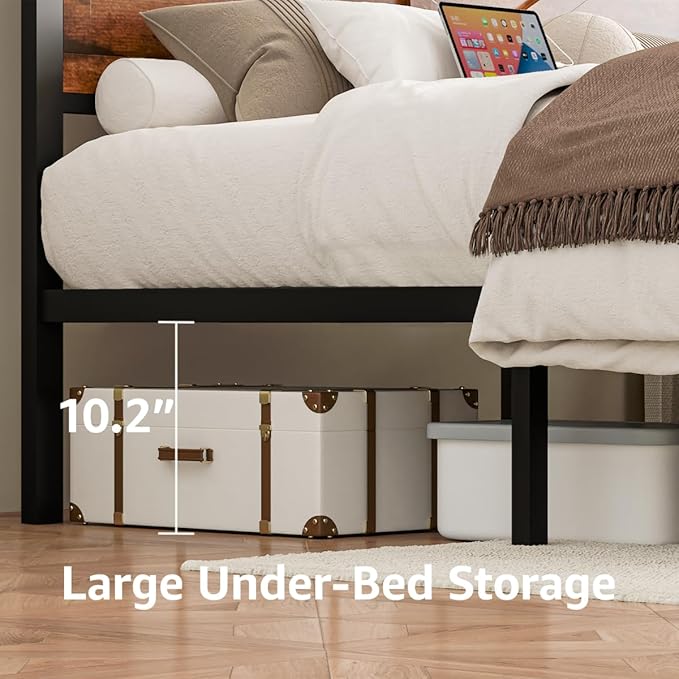 Rustic King Size Bed Frame with Storage Drawers and Barn Door Headboard, Farmhouse LED King Bed Frame with Charging Station, Metal Industrial Platform Bed Frames, No Box Spring Needed, Brown