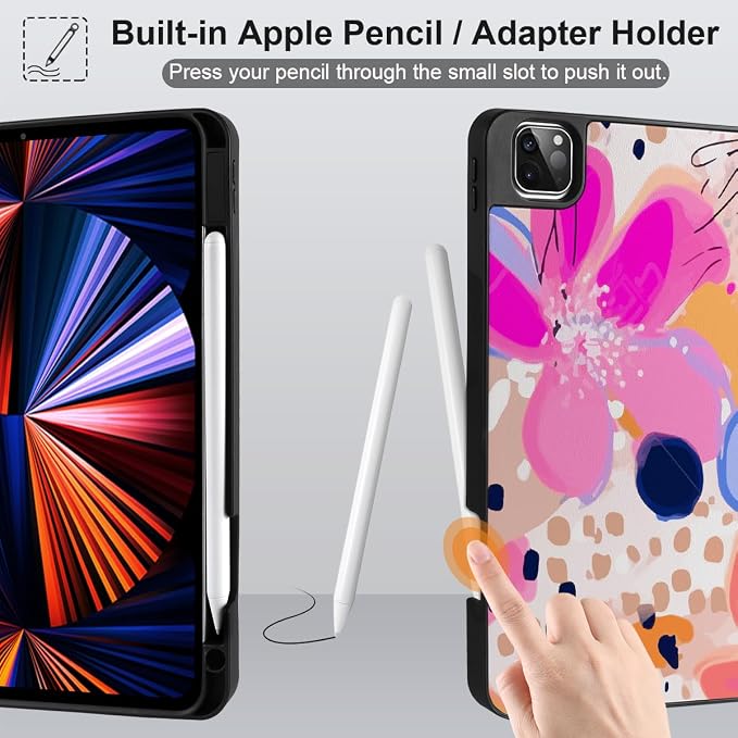 DONGKE Case for 2022/2021/2020/2018 iPad Pro 11 inch Gen 4/3/2/1 - Slim Protective Case - Built in Pencil Holder Support Charging - Trifold Stand &amp Sleep/Wake Cover - Floral Artistic