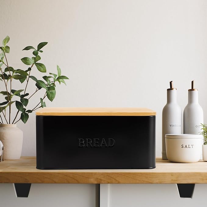 ZICOTO Beautiful Bread Box With Wooden Lid For Your Kitchen Countertop - Spacious Container Perfectly Stores Your Homemade Bread, English Muffins & Bagels - Quality Cutting Board Lid Keeps Loaf Fresh