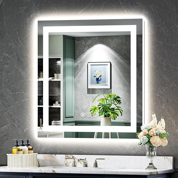 YEELAIT 30x30 Inch LED Bathroom Mirror with Lights Front and Backlit Lighted Vanity Mirror for Bathroom Wall with 3 Colors Dimmable Anti-Fog Memory Shatter-Proof IP54 Waterproof Horizontal/Vertical