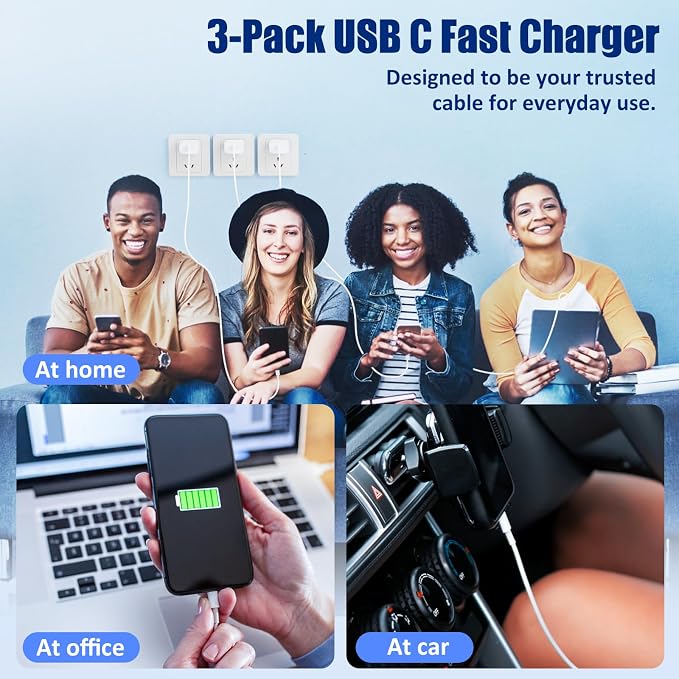 i Phone 17/16 Charger Fast Charging 3-Pack 20W Type C Charger[3+6+10FT] USB C Wall Charger Cables for iPhone 16/15/15 Plus/15 Pro Max iPad Pro/Air/AirPods/Samsung