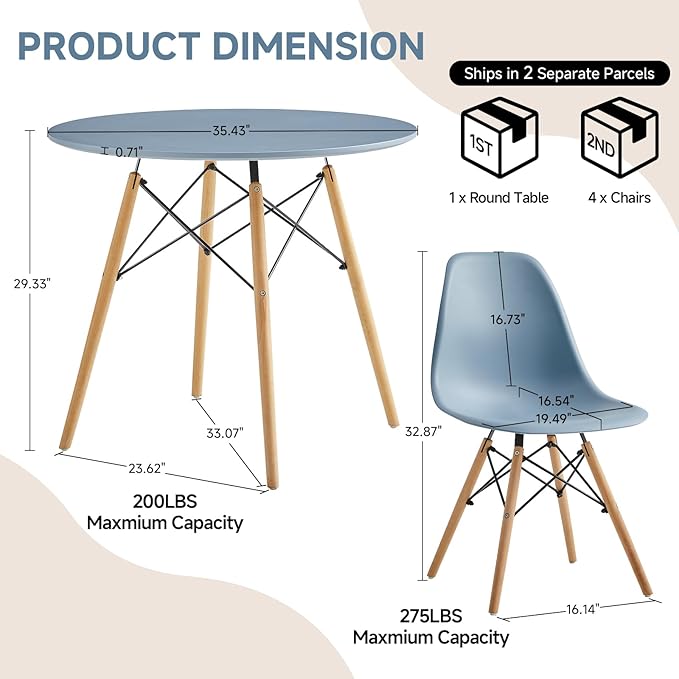 Round Dining Table Set for 4 35.5" Wood Dinner Table Circle Dining Table Kitchen Table Chairs Set of 4 with Wood Strip Base for Kitchen Living Room Space Saving Apartment(Blue)