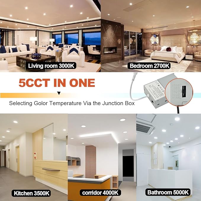 MKUJOO 24 Pack 6 Inch Ultra-Thin LED Recessed Ceiling Light with Junction Box,panel light,Daylight, 13W,2700K/3000K/3500K/4000K/5000K Selectable Dimmable Downlight ETL&FCC&CE and Energy Star Certified