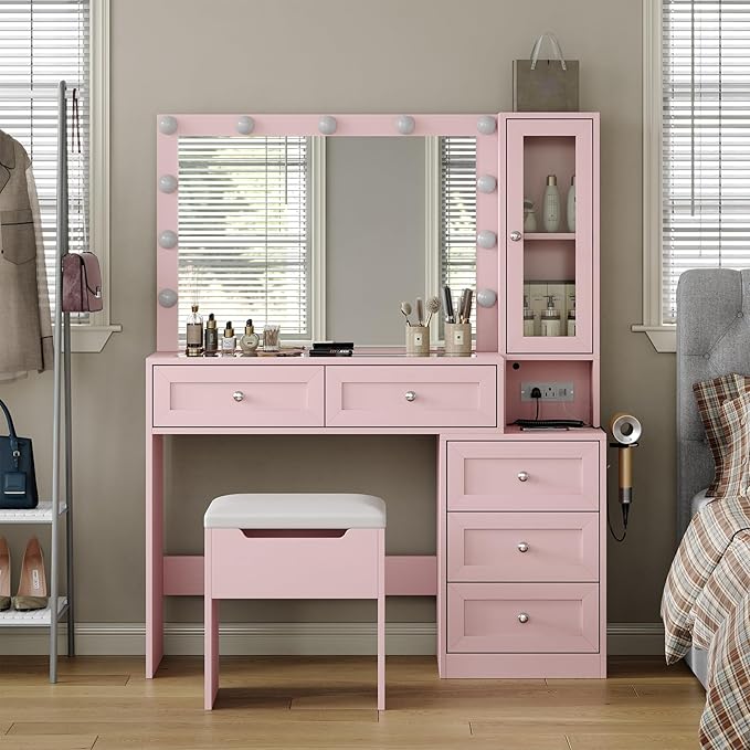 43" W Vanity Desk with Mirror & 11 Lights, 5 Drawer Modern Makeup Desk with Glass top & Cushioned Stool, 3 Lighting Modes Brightness Adjustable,Power Outlet,Bedroom，Pink