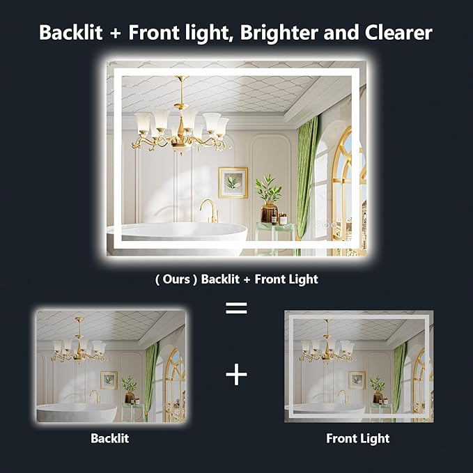 YEELAIT 44x30 Inch LED Bathroom Mirror with Lights Front and Backlit Lighted Vanity Mirror for Bathroom Wall with 3 Colors Dimmable Anti-Fog Memory Shatter-Proof IP54 Waterproof Horizontal/Vertical