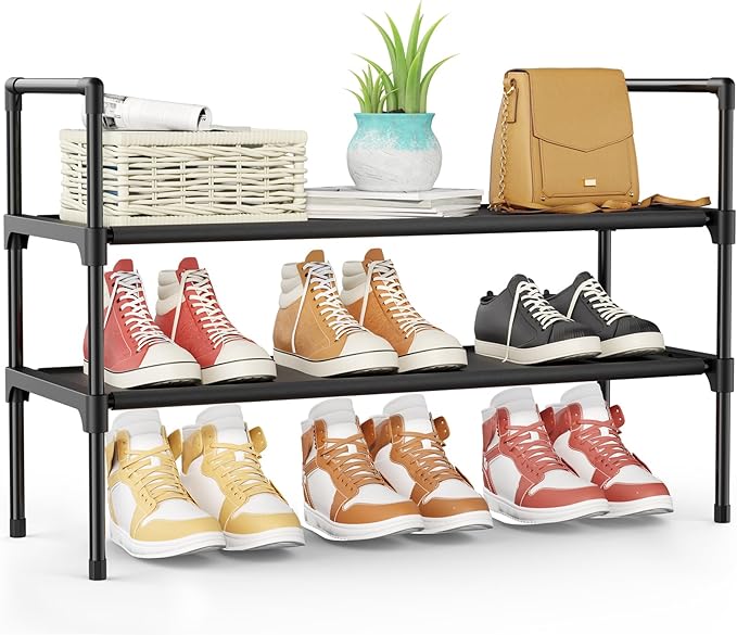 Kitsure Shoe Rack - 2-Tier Shoe Organizer, Shoe Rack for Closet, Entryway, Bedroom, Easy- Assembly Storage Shelf with Side Handles, 27.6" Wide - 2 Tiers, Black