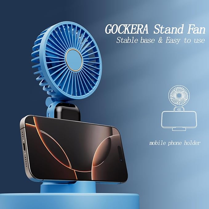 GOCKERA Portable Fan, 4200mAh Battery Operated Fan, 5 Speeds&Digital Display, Makeup Fans for Women with Base, 180°Foldable 3in1 Handheld/Neck/Desk Fan for Outdoor Indoor,Ultra Quiet (sky blue)