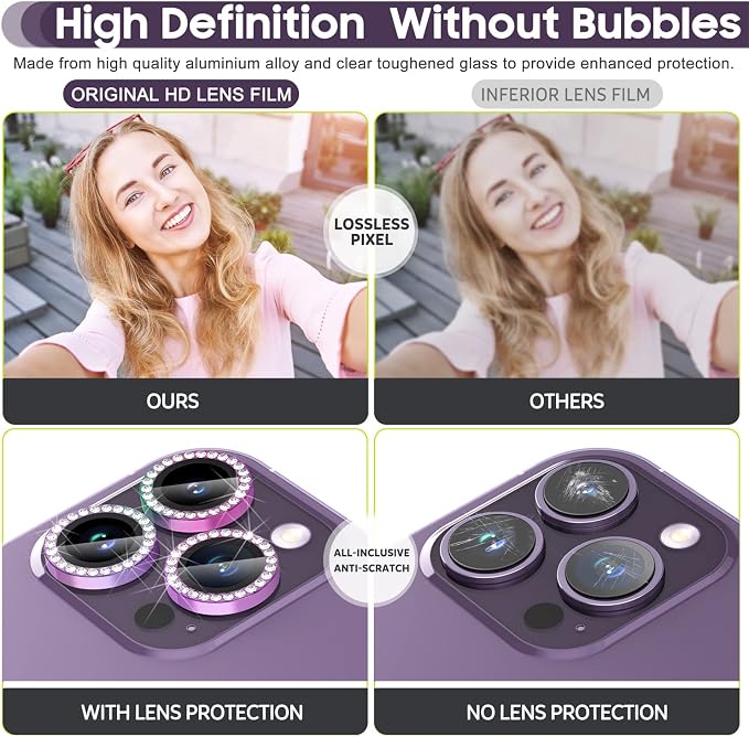 Suoman for iPhone 14 Pro Max / 14 Pro Camera Lens Protector [Diamonds Bling] 9H Tempered Glass Full Coverage Metal Protective Cover - Diamond Black