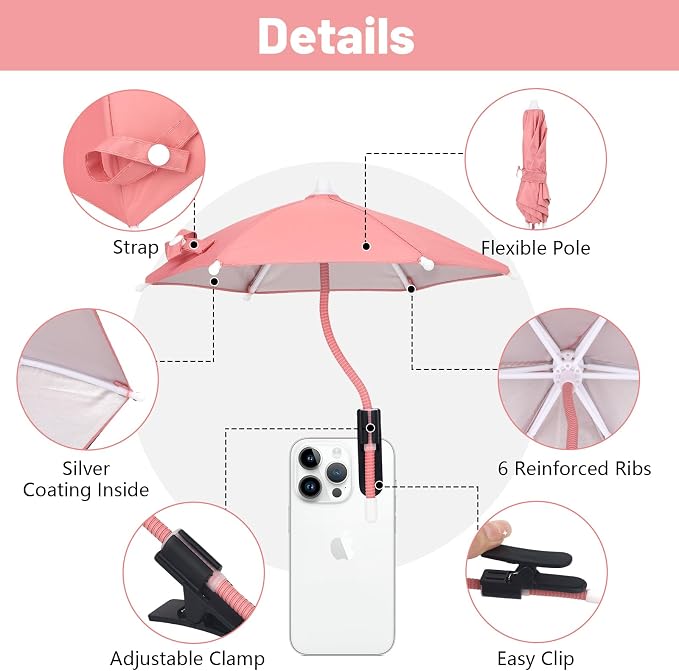 Mini Clip-on Phone Umbrella for Sun Flexible Adjustable Handle Cell Phone Umbrellas Sun Shade Protects from Sunlight and Glare Universal Fit for All Smartphones Black