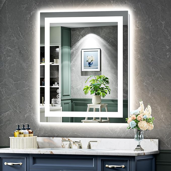 YEELAIT 28x32 Inch LED Bathroom Mirror with Lights Front and Backlit Lighted Vanity Mirror for Bathroom Wall with 3 Colors Dimmable Anti-Fog Memory Shatter-Proof IP54 Waterproof Horizontal/Vertical